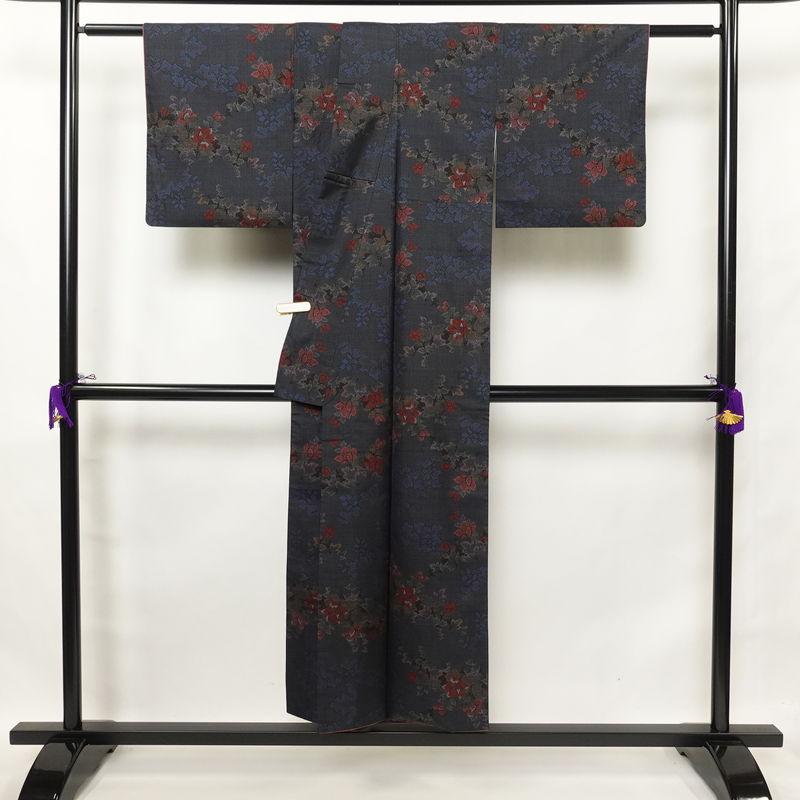 中古 紬 良品 正絹 紬着物 花柄 つむぎ 袷仕立て 青・紺 : 和ころも 
