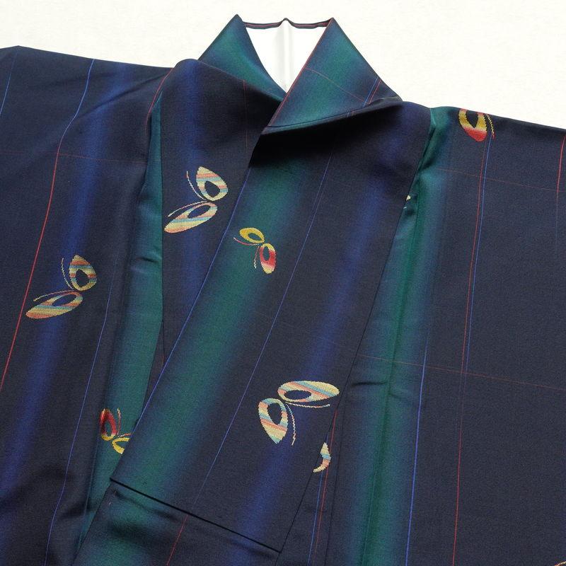 紬 紺色 草花 幾何学 正絹 美品 仕付け糸付き セット販売