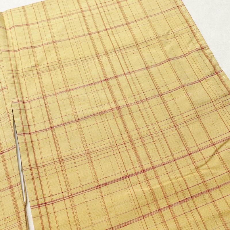 中古 紬 良品 しつけ糸付き 正絹 チェック・格子柄 袷仕立て 身丈174cm 裄丈69.5cm 紬着物 黄・黄土色_10