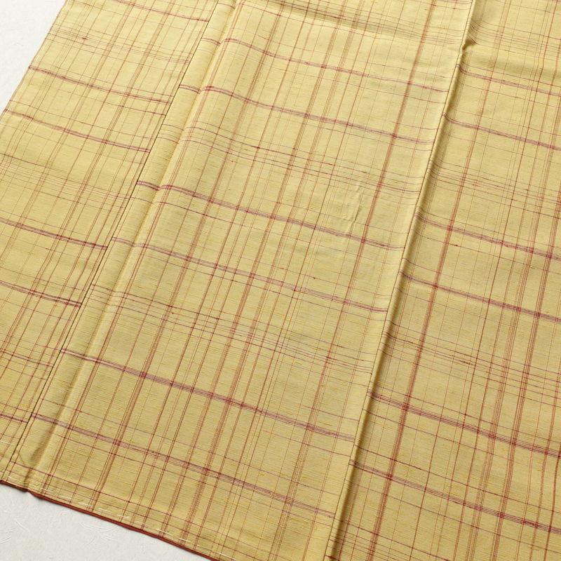 中古 紬 良品 しつけ糸付き 正絹 チェック・格子柄 袷仕立て 身丈174cm 裄丈69.5cm 紬着物 黄・黄土色_3