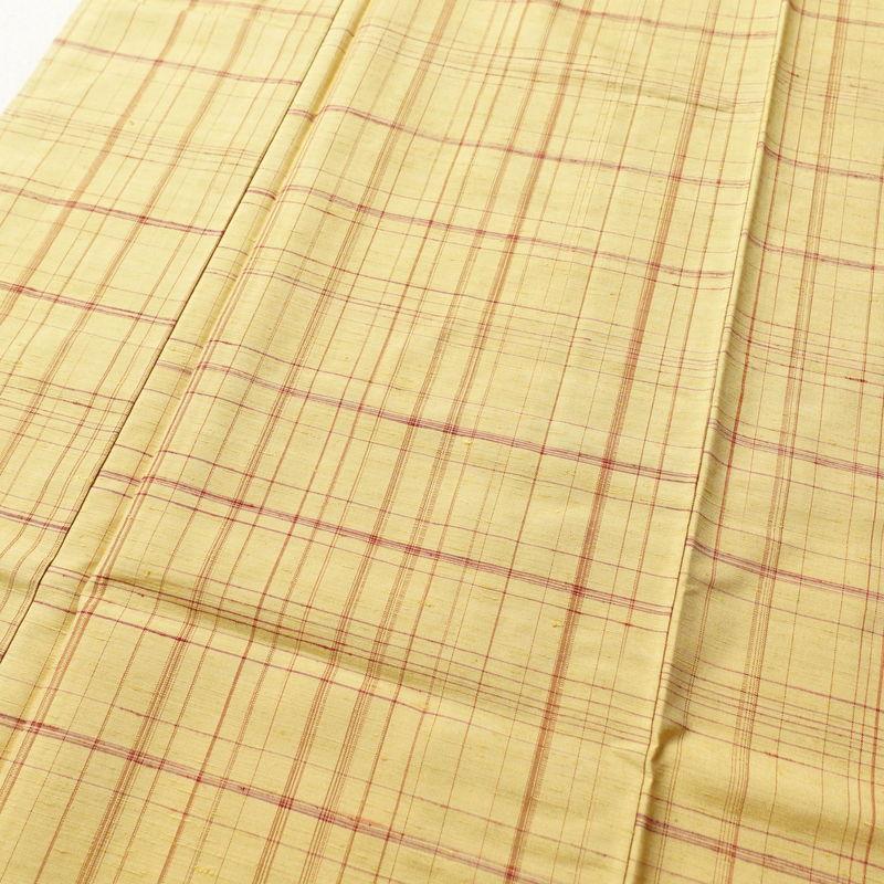 中古 紬 良品 しつけ糸付き 正絹 チェック・格子柄 袷仕立て 身丈174cm 裄丈69.5cm 紬着物 黄・黄土色_4