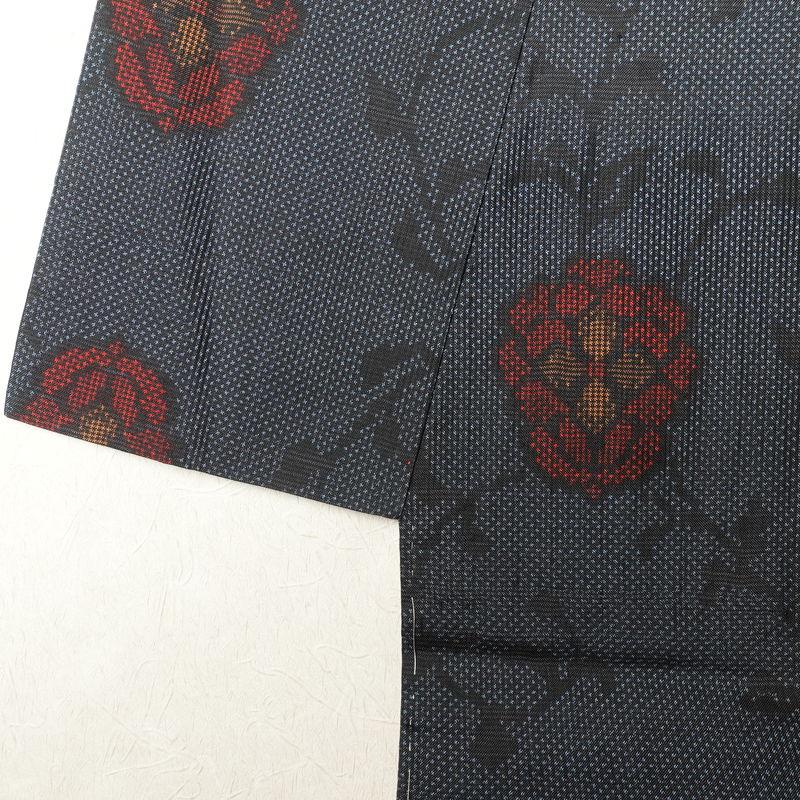 中古 大島紬 良品 証紙あり しつけ糸付き 正絹 花柄 袷仕立て 青・紺