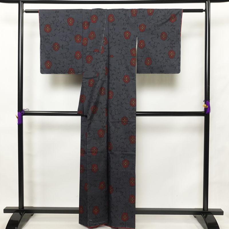 中古 大島紬 良品 証紙あり しつけ糸付き 正絹 花柄 袷仕立て 青・紺