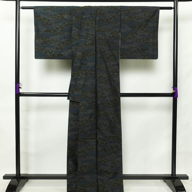 中古 本場大島紬 証紙あり 正絹 雲柄 袷仕立て 身丈166cm 裄丈64cm 青・紺_1