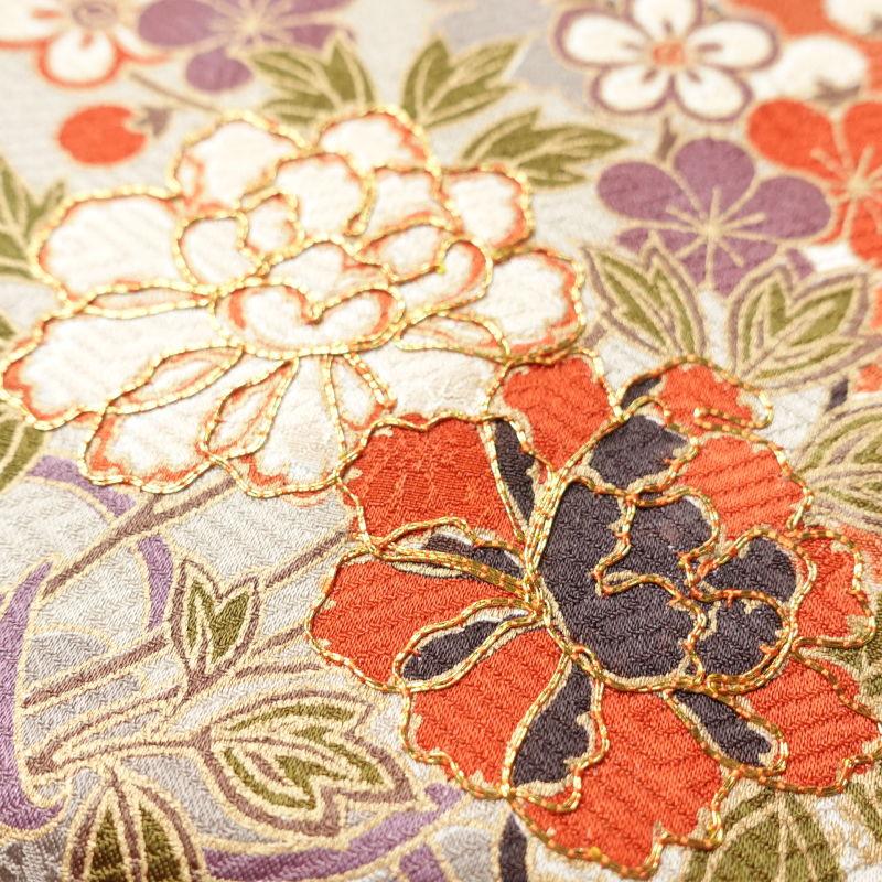 中古 訪問着 良品 金駒刺繍 箔 共八掛 綸子 正絹 古典柄 袷仕立て 橙 