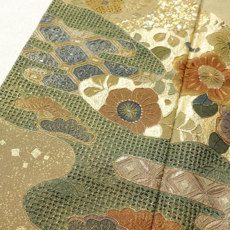 A*y様 新品　美品　正絹　証紙　汕頭刺繍　紋付　訪問着　フルセット　身丈157 訪問着フルセット 着物 正絹 汕頭刺繍 カーキ 花 I5 【公式通販】