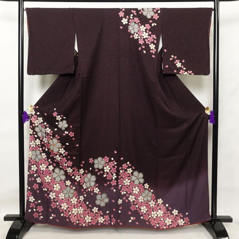 中古 訪問着 良品 金駒刺繍 金彩 正絹 花柄 桜 袷仕立て 紫・藤色 : 和