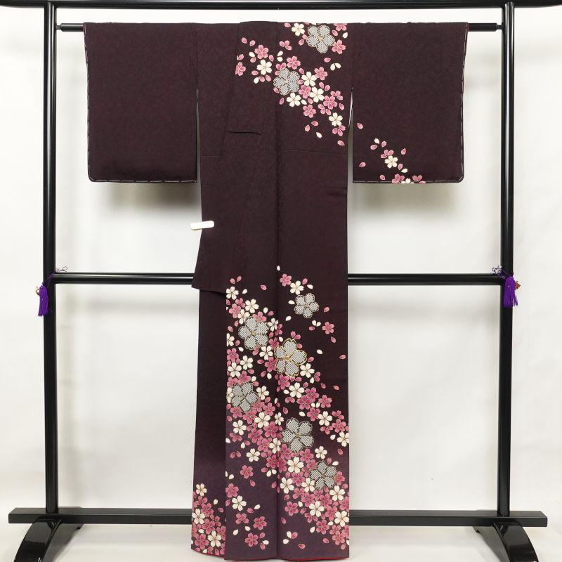中古 訪問着 良品 金駒刺繍 金彩 正絹 花柄 桜 袷仕立て 紫・藤色 : 和