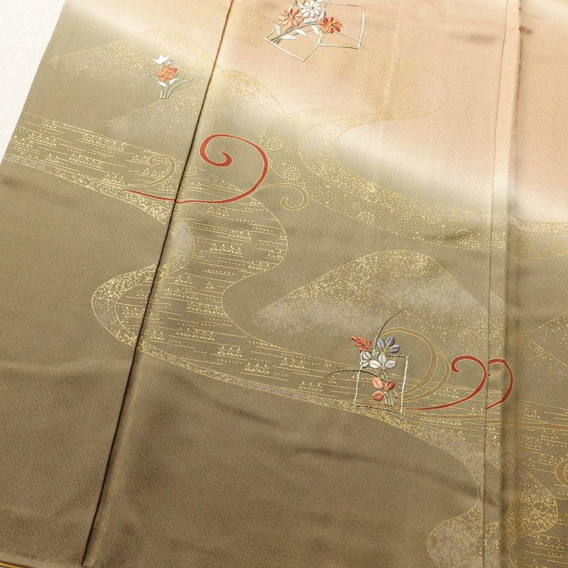中古 訪問着 正絹 金彩 銀駒刺繍 古典柄 刺繍 袷仕立て 茶_3