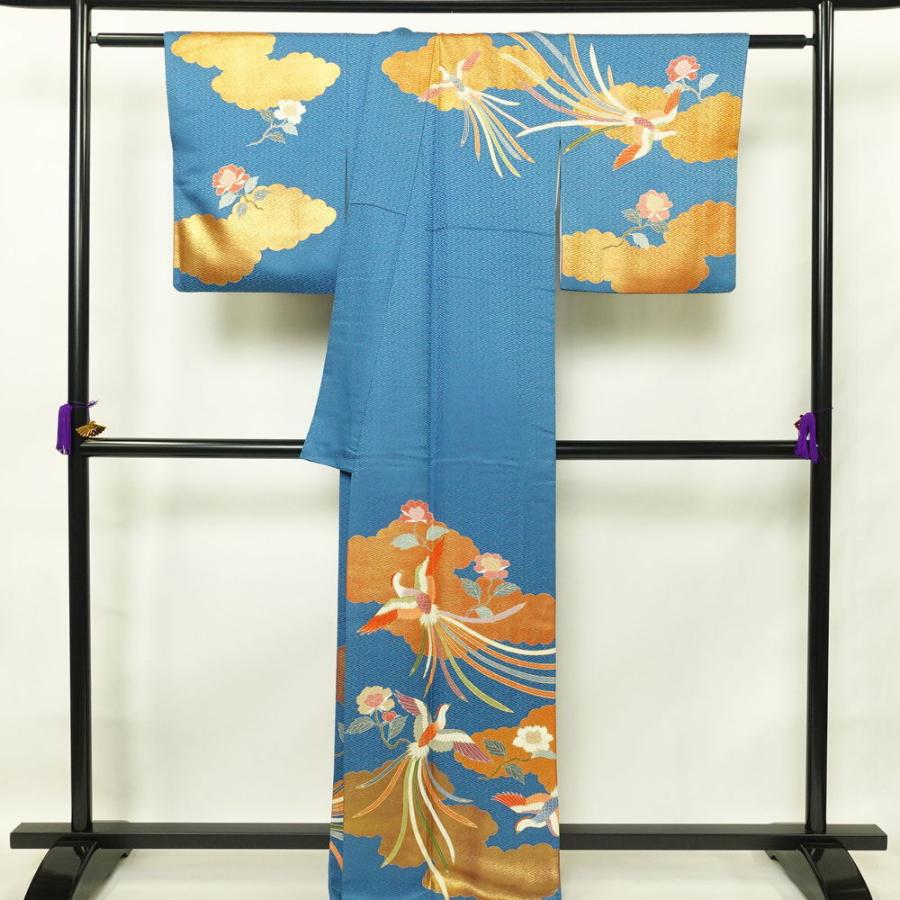中古 訪問着 良品 金駒刺繍 綸子 一つ紋付き 正絹 人物・動物柄