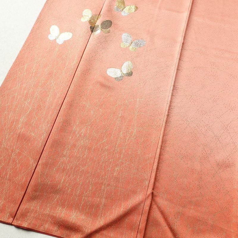 中古 付け下げ 良品 綸子 正絹 蝶・昆虫柄 袷仕立て 身丈160.5cm 裄丈64.5cm 刺繍 金糸 金彩 蝶 ピンク_3