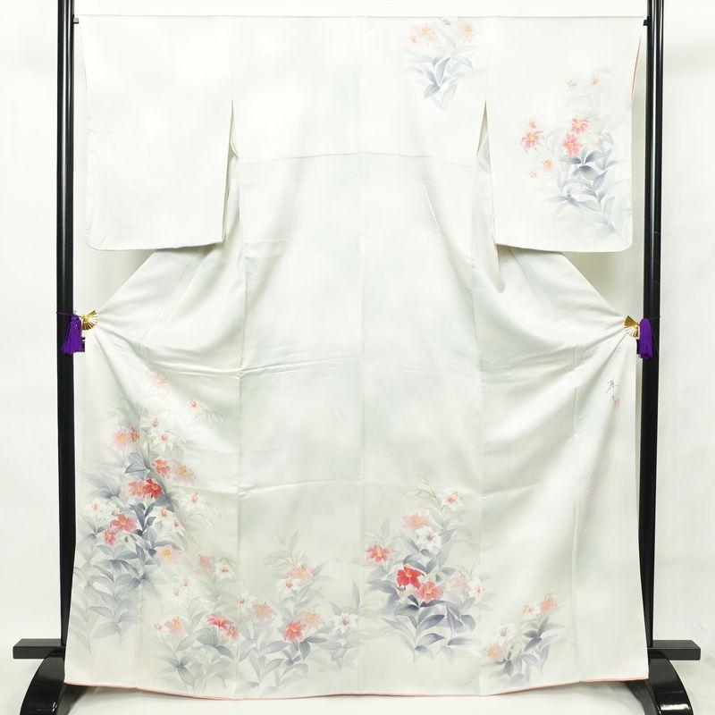 中古 付け下げ 良品 手描き 李清 落款入り 正絹 花柄 袷仕立て