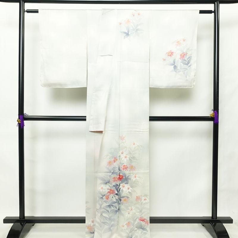 中古 付け下げ 良品 手描き 李清 落款入り 正絹 花柄 袷仕立て