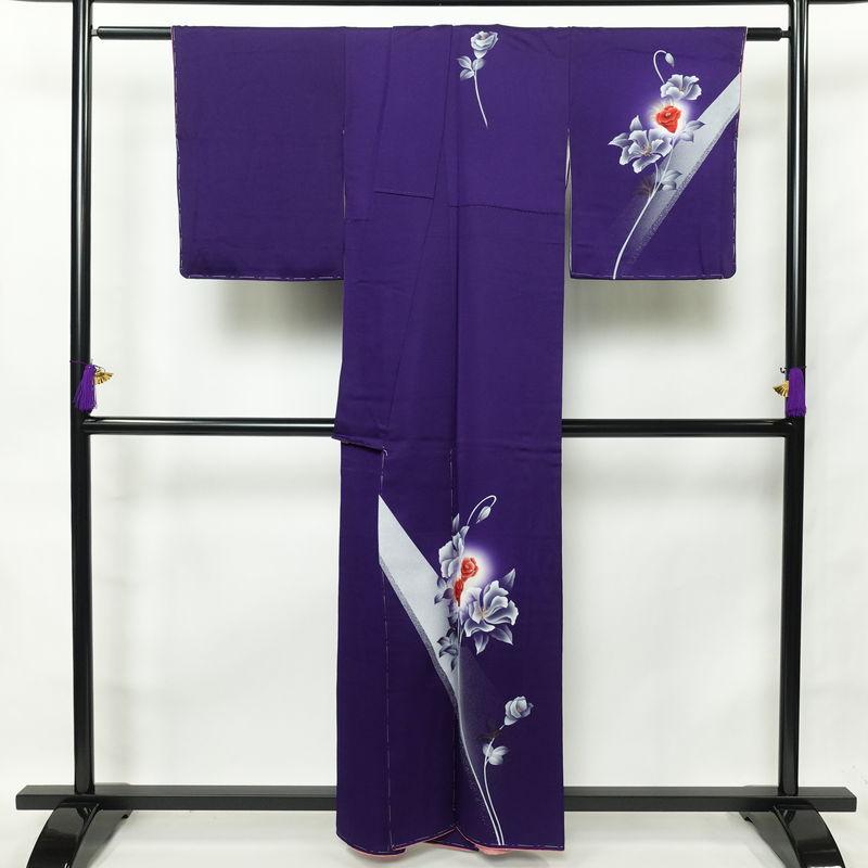 中古 付け下げ しつけ糸付き 正絹 花柄 袷仕立て 身丈158.5cm 裄丈66cm 附下 着物 紫・藤色_1
