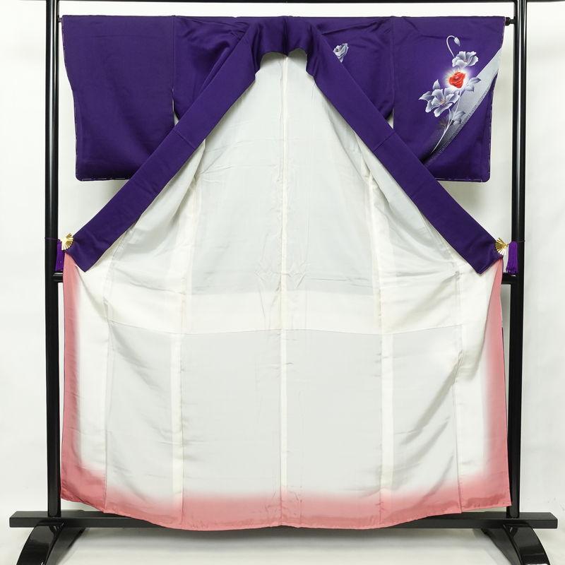 中古 付け下げ しつけ糸付き 正絹 花柄 袷仕立て 身丈158.5cm 裄丈66cm 附下 着物 紫・藤色_2