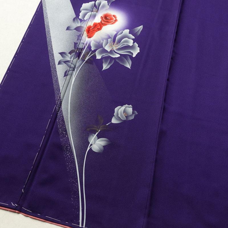 中古 付け下げ しつけ糸付き 正絹 花柄 袷仕立て 身丈158.5cm 裄丈66cm 附下 着物 紫・藤色_3