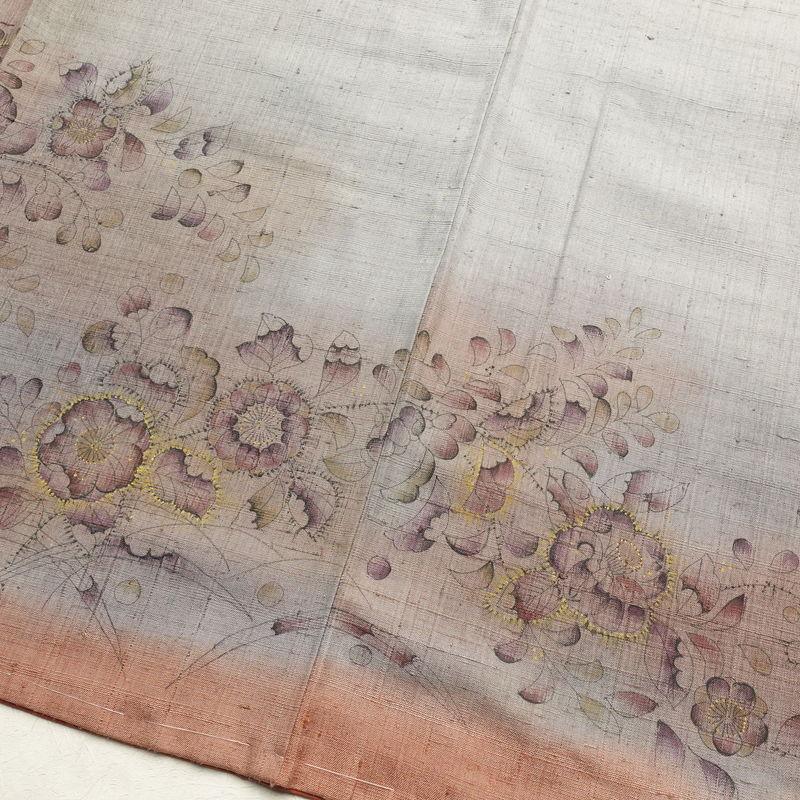 中古 付け下げ 良品 紬地 しつけ糸付き 正絹 花柄 袷仕立て 身丈149cm 裄丈64cm 紬生地 附下 着物 グレー_10