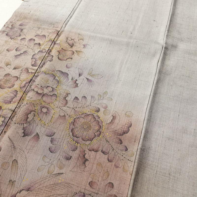 中古 付け下げ 良品 紬地 しつけ糸付き 正絹 花柄 袷仕立て 身丈149cm 裄丈64cm 紬生地 附下 着物 グレー_4