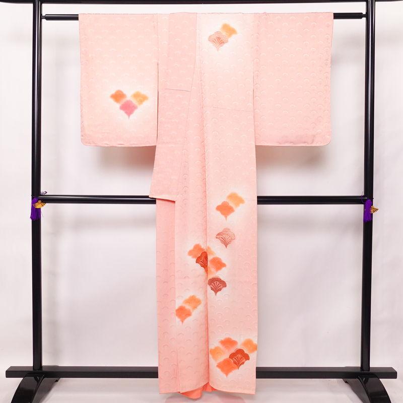 中古 付け下げ しつけ糸付き 正絹 流水・波柄 袷仕立て 身丈157.5cm 裄丈66cm 刺繍 附下 着物 ピンク_1