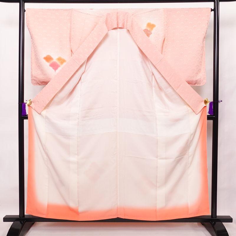 中古 付け下げ しつけ糸付き 正絹 流水・波柄 袷仕立て 身丈157.5cm 裄丈66cm 刺繍 附下 着物 ピンク_2