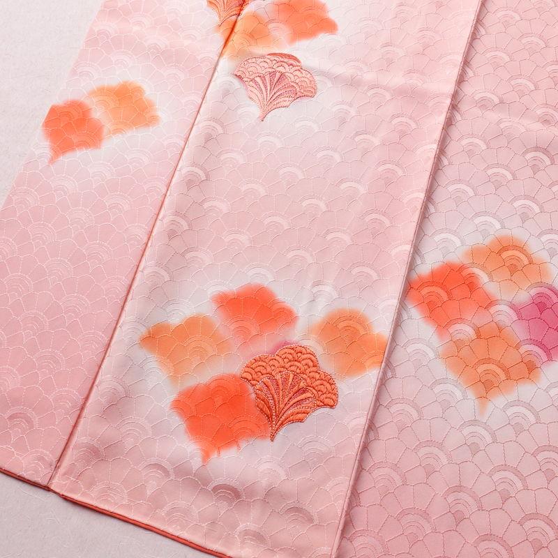 中古 付け下げ しつけ糸付き 正絹 流水・波柄 袷仕立て 身丈157.5cm 裄丈66cm 刺繍 附下 着物 ピンク_3