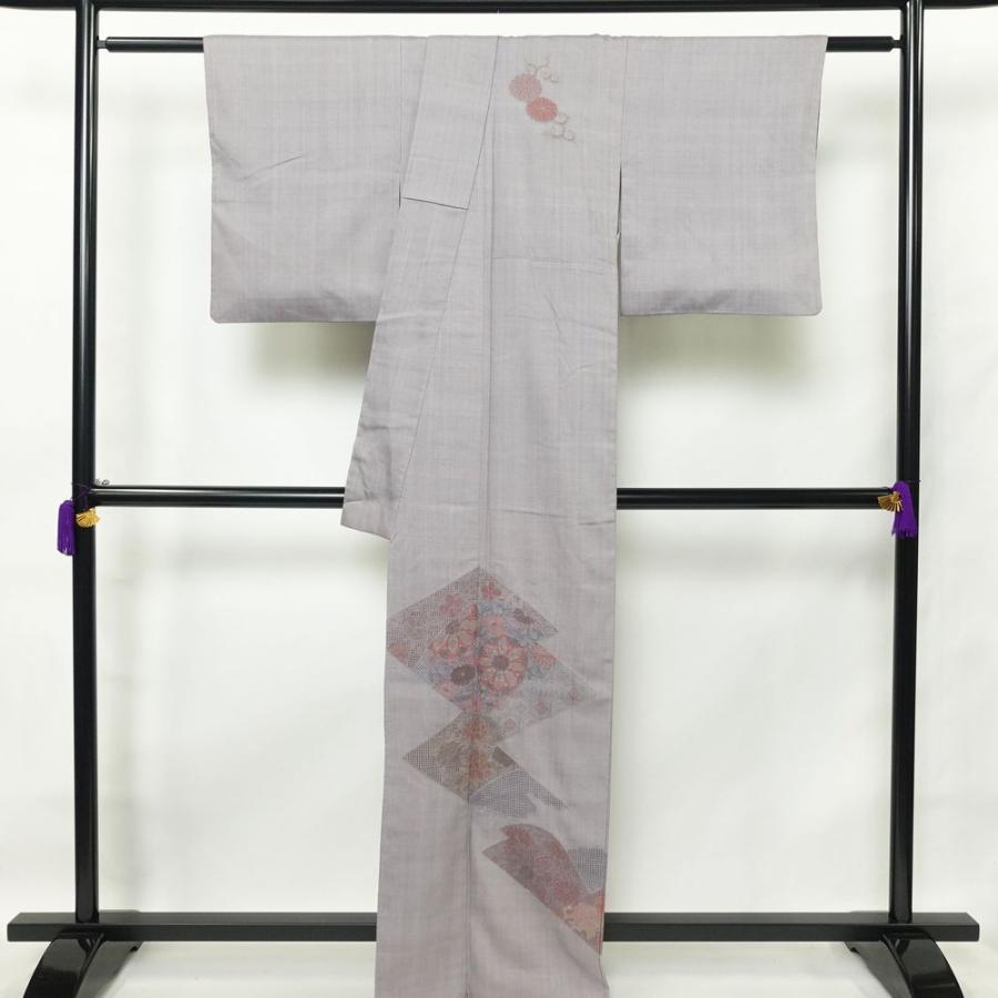 中古 付け下げ スワトウ刺繍 紬地 正絹 古典柄 袷仕立て 身丈164cm 裄丈65.5cm 紫・藤色 |  | 01