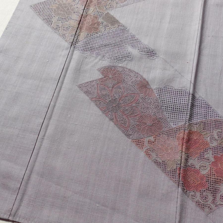 中古 付け下げ スワトウ刺繍 紬地 正絹 古典柄 袷仕立て 身丈164cm 裄丈65.5cm 紫・藤色 |  | 03