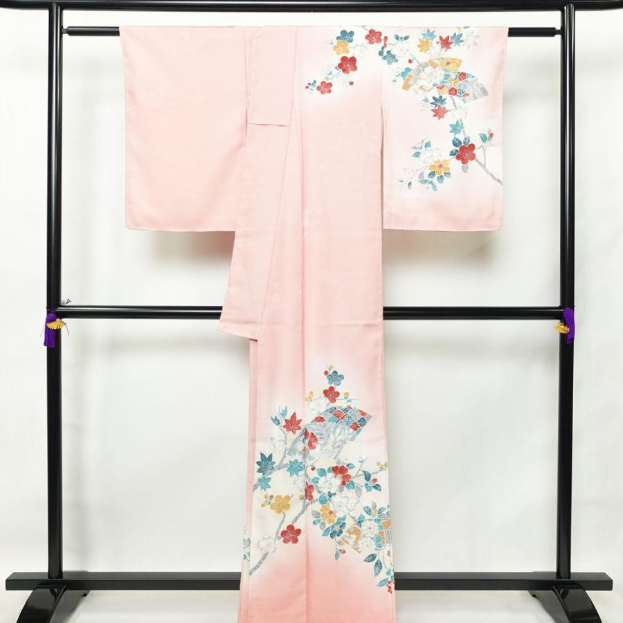 中古 付け下げ ポリエステル 花柄 袷仕立て 身丈161.5cm 裄丈66.5cm ピンク_1