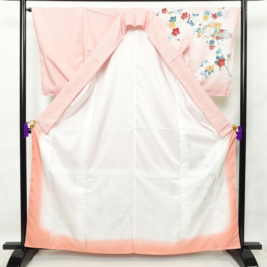 中古 付け下げ ポリエステル 花柄 袷仕立て 身丈161.5cm 裄丈66.5cm ピンク_2
