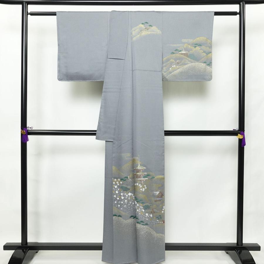 正絹【風景模様】付け下げ訪問着 仕付け糸付き袷A-2116 リサイクル着物】訪問着 正絹 Sランク 袷 身丈166.5cm 裄丈69cm 裏色