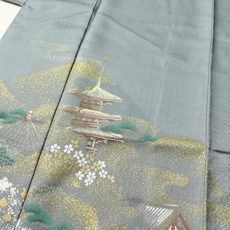 中古 付け下げ 良品 しつけ糸付き 一つ紋付き 正絹 風景柄 袷仕立て