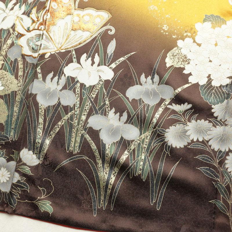 b951 正絹　振袖　蝶　金駒刺繍　金箔　着物 振袖 正絹 金駒刺繍 箔 蝶 花柄 袷仕立て 身丈175cm 裄丈68cm 黄・黄土