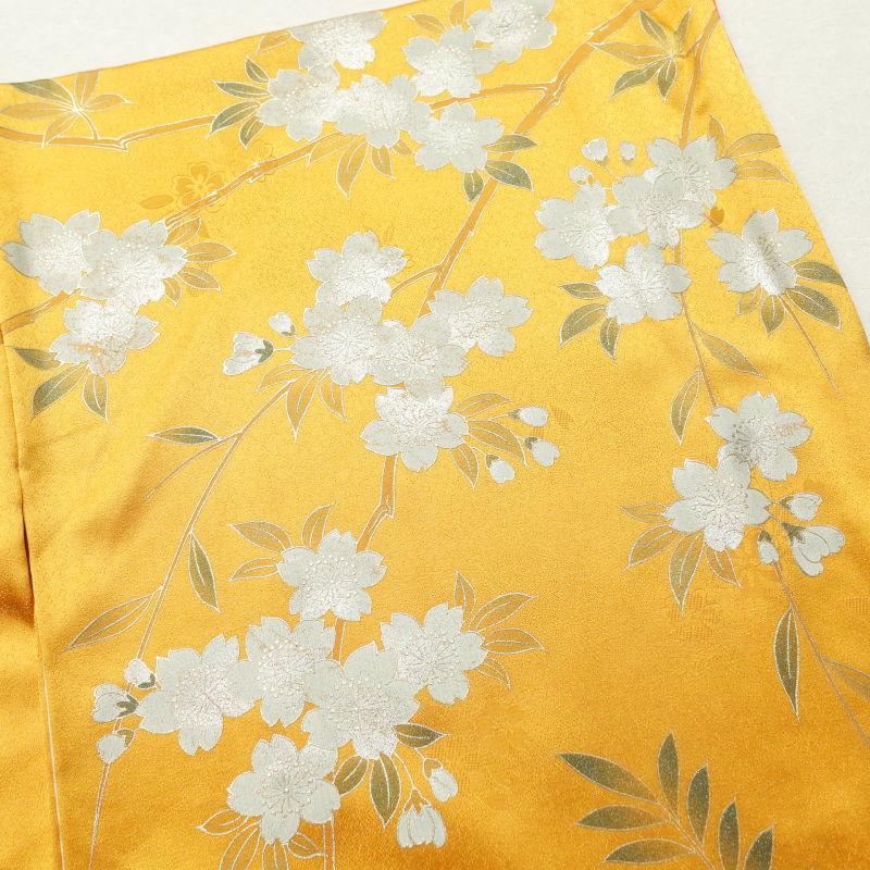 振袖 正絹 金駒刺繍 箔 蝶 花柄 袷仕立て 身丈175cm 裄丈68cm 黄・黄土