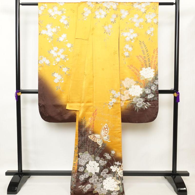 振袖 正絹 金駒刺繍 箔 蝶 花柄 袷仕立て 身丈175cm 裄丈68cm 黄・黄土
