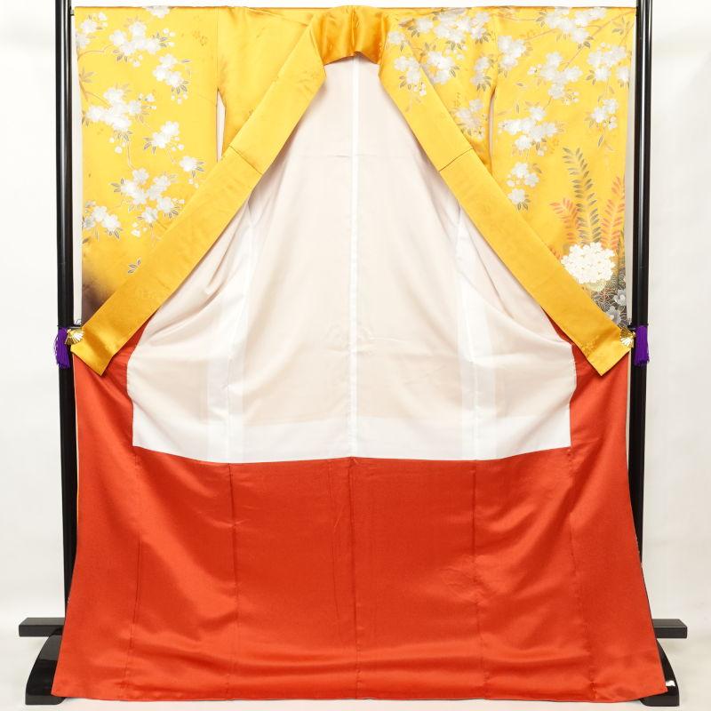 振袖 正絹 金駒刺繍 箔 蝶 花柄 袷仕立て 身丈175cm 裄丈68cm 黄・黄土