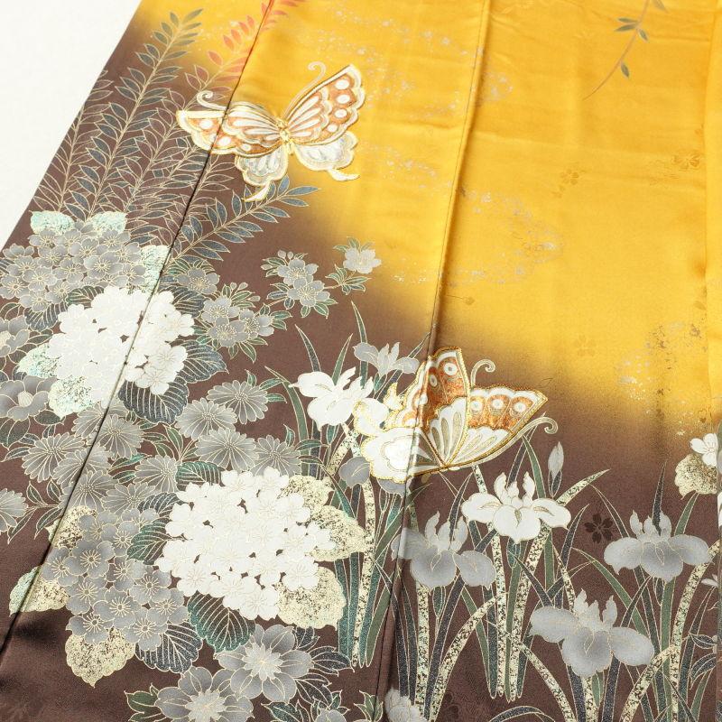 振袖 正絹 金駒刺繍 箔 蝶 花柄 袷仕立て 身丈175cm 裄丈68cm 黄・黄土