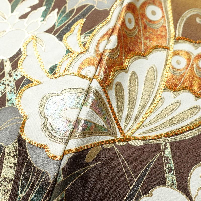 振袖 正絹 金駒刺繍 箔 蝶 花柄 袷仕立て 身丈175cm 裄丈68cm 黄・黄土
