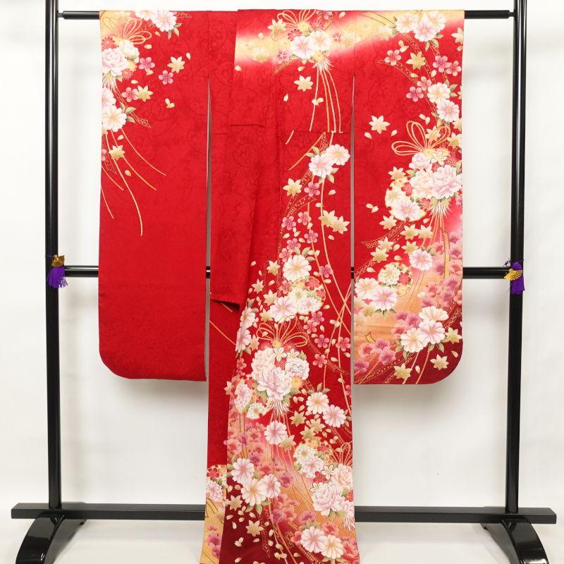 中古 振袖 良品 綸子 正絹 刺繍 ラメ糸 金彩 花柄 袷仕立て 赤・朱 