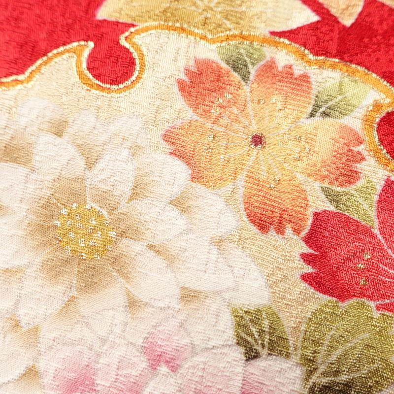 中古 振袖 良品 綸子 正絹 刺繍 ラメ糸 金彩 花柄 袷仕立て 赤・朱 