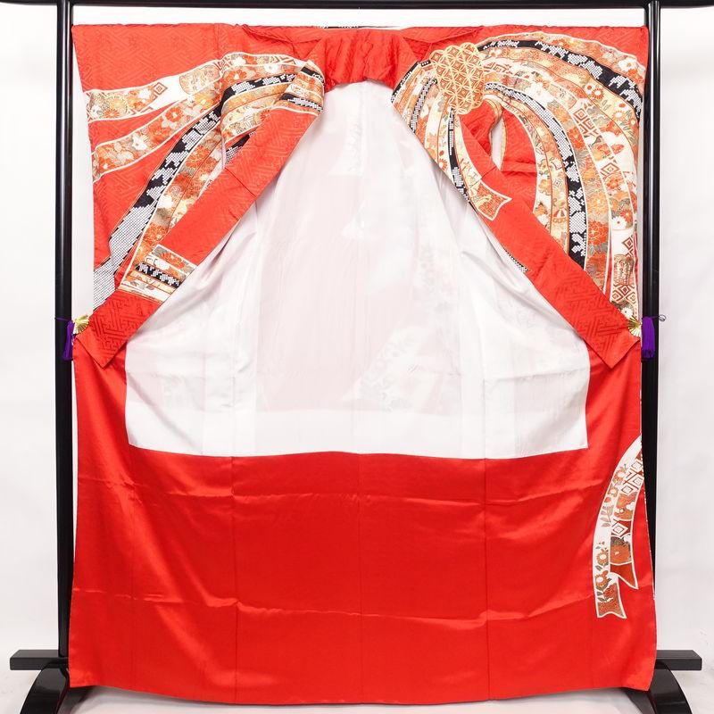 中古 振袖 綸子 正絹 古典柄 袷仕立て 身丈167cm 裄丈69cm 金彩 熨斗目