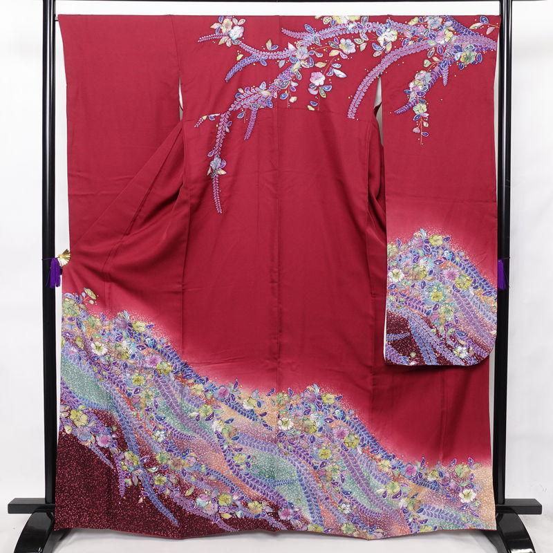 中古 振袖 辻が花 作家物 孝美 落款入り 良品 絞り 正絹 花柄 袷仕立て