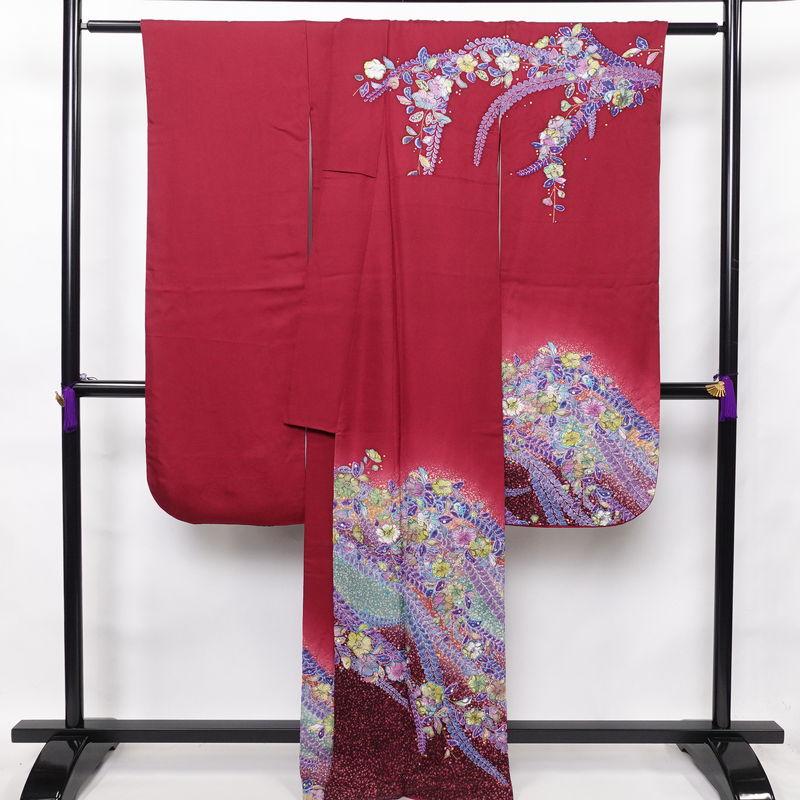 中古 振袖 辻が花 作家物 孝美 落款入り 良品 絞り 正絹 花柄 袷仕立て