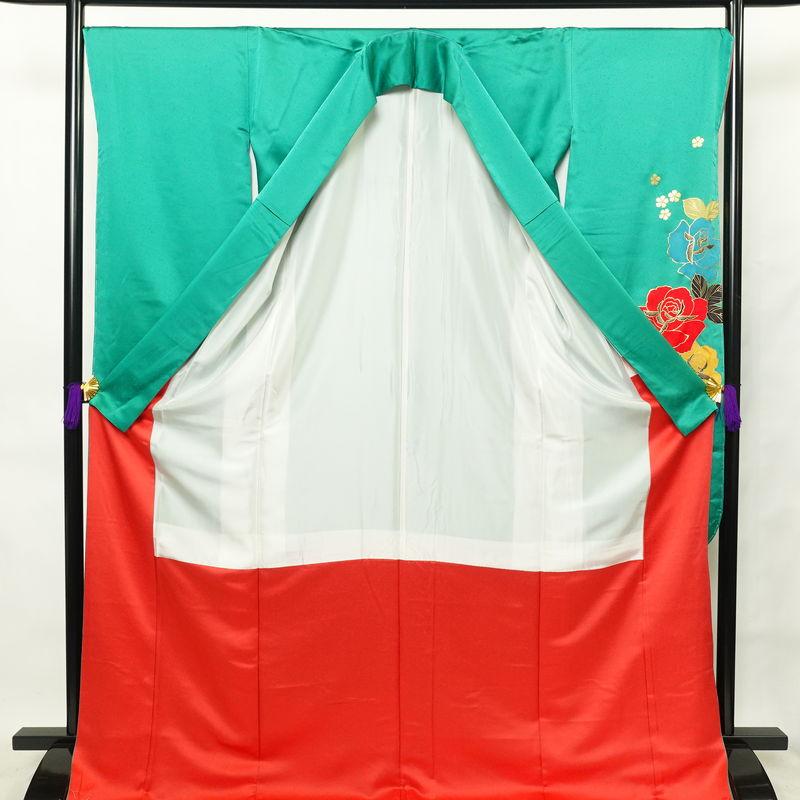 中古 振袖 しつけ糸付き 正絹 花柄 袷仕立て 身丈175cm 裄丈70cm 箔  