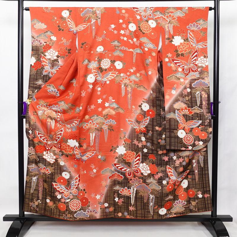 中古 振袖 長襦袢セット 良品 金駒刺繍 正絹 古典柄 蝶 金彩 袷仕立て