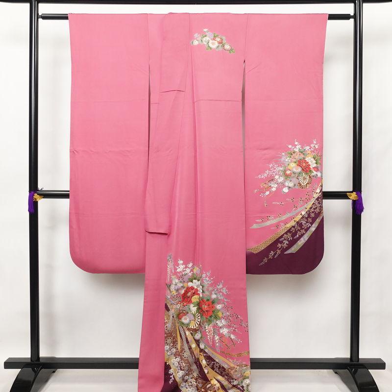 中古 振袖 良品 正絹 古典柄 袷仕立て 身丈173cm 裄丈68cm 箔 金彩 フォーマル 着物 成人式 ピンク_1