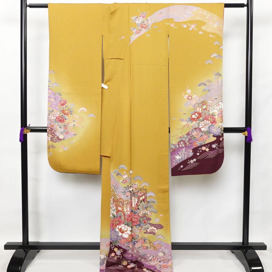 中古 振袖 金駒刺繍 正絹 古典柄 袷仕立て 身丈170.5cm 裄丈68cm 箔 