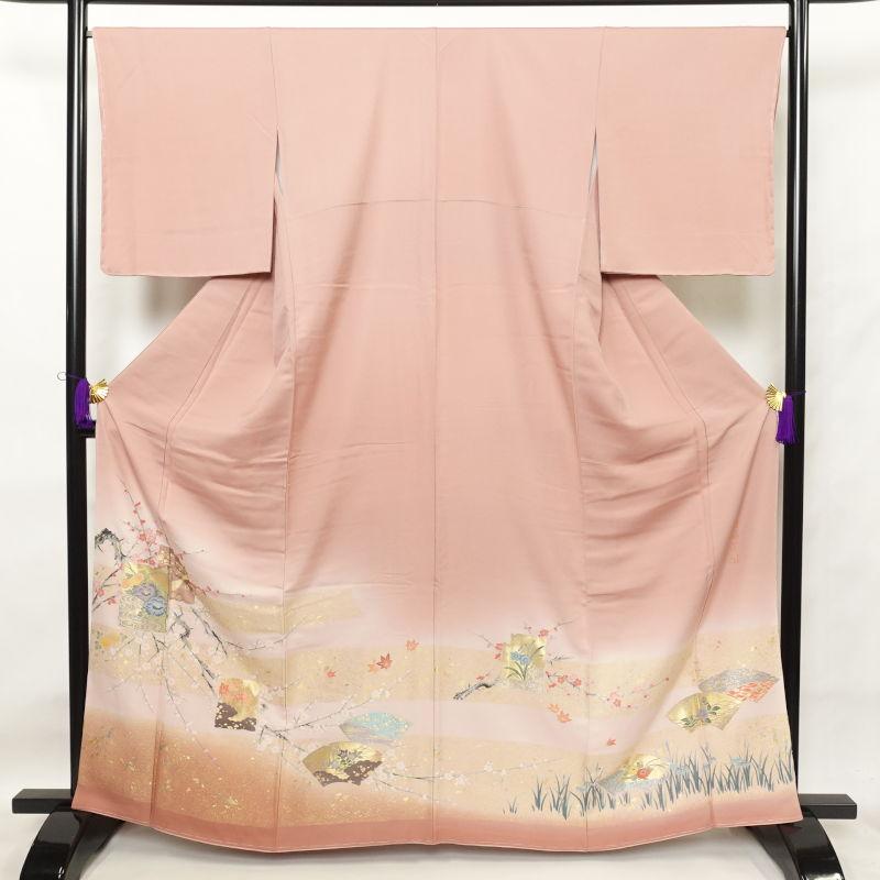 中古 色留袖 美品 箔扇琳派図 丹後ちりめん しつけ糸付き 箔 金糸 刺繍 