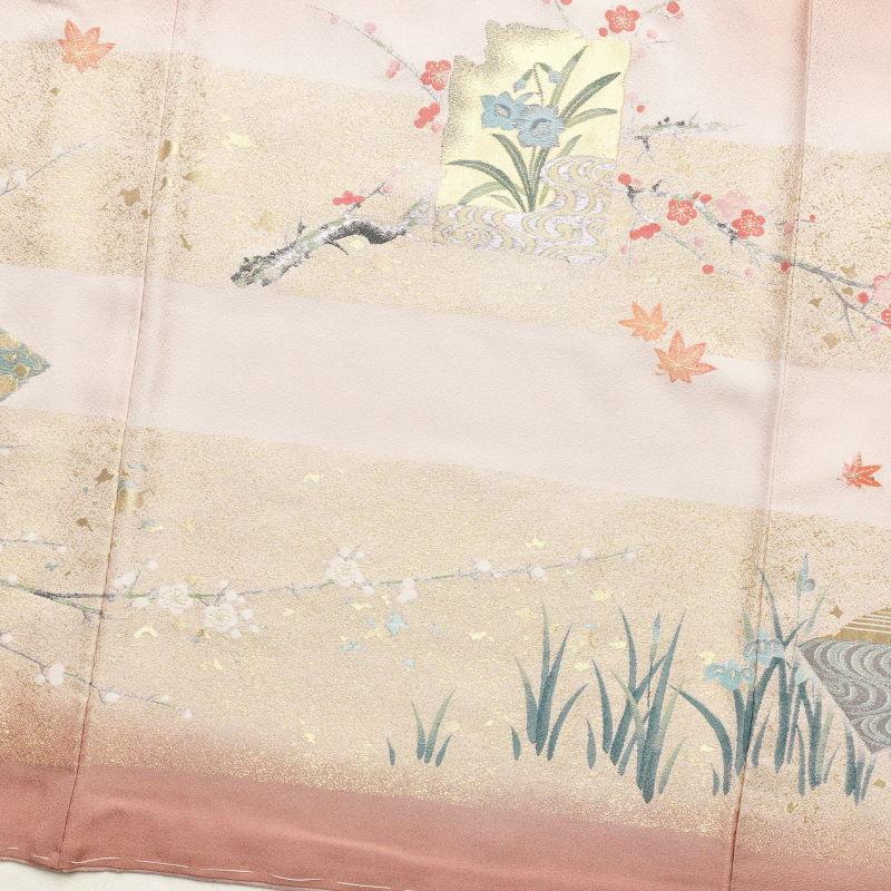 中古 色留袖 美品 箔扇琳派図 丹後ちりめん しつけ糸付き 箔 金糸 刺繍 