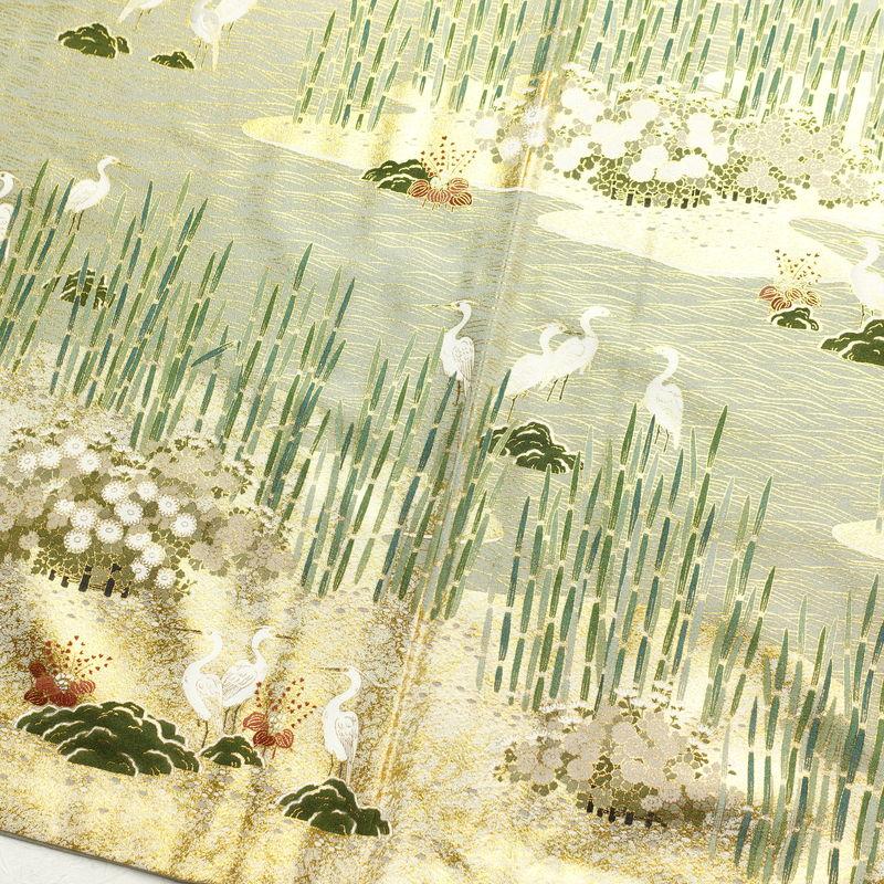 「縁」154ｃｍ～160ｃｍ 松尾光琳 銀彩染 色留袖 訪問着 正絹 Ｂ９３７ 中古 色留袖 松尾光琳 木賊鷺 落款入り 一つ紋付き 縮緬 正絹 古典柄