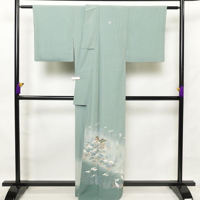 中古 色留袖 五つ紋付き 比翼付き 縮緬 正絹 古典柄 袷仕立て 身丈 